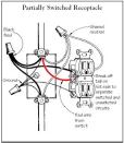 To wire a partially switched receptacle (above), break off the tab on the brass (hot) side of the receptacle. Then connect the black and red wires of the incoming feed to the now independent brass screws. Leave the tab on the neutral side intact. The top of the duplex receptacle is now permanently hot, while the bottom is switched. Both top and bottom share the same neutral.