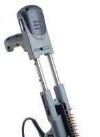 The telescoping extension handle on Senco's DS300-AC has detent settings for length adjustment. A side handle would improve comfort during use.