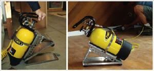 The floor bracket holds the tank at the correct angle for dispensing CO2 (left) and clips into a base mount (right) that can be bolted to the floor of a van or trailer.
