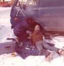 What gearhead road trip would be complete without emergency repairs?

David Frane (right) and his buddy Fast Eddie replace the king pin and spindle on Frane's '69 Chevy van in a parking lot outside of Boston. As bad as this looks it's better than the time the drive shaft fell off at 3 A.M. in a blizzard. The van is long gone but Frane still owns that tool box.