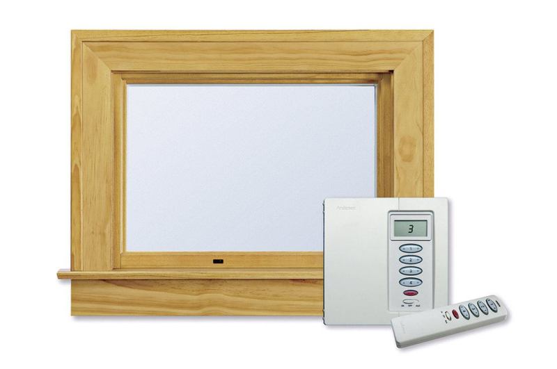 400 Series Awning window, pine interior. Contemporary folding hardware in black finish.