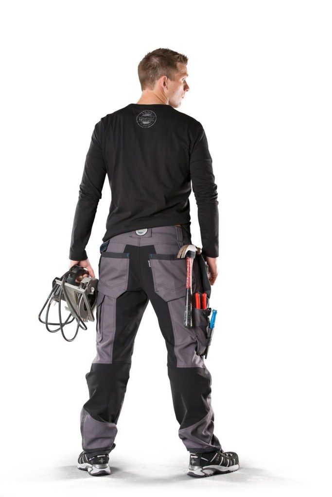 Nordic Carpenter Pants. The black material in the crotch and on the back of the knees and calves is stretchable.