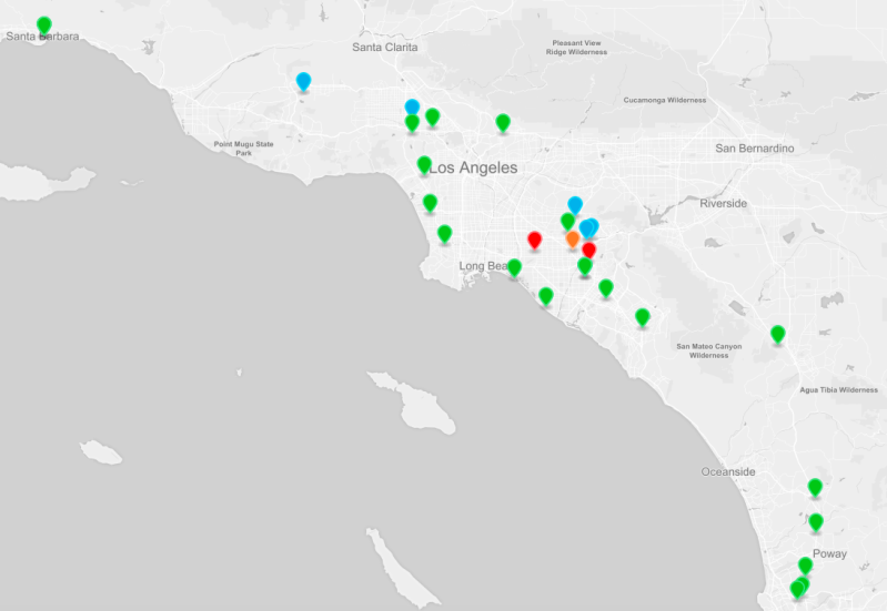 Map showing locations of 2016 Remodeling 550 companies based in Southern California