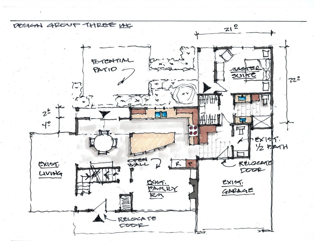 Design Group Three offers freehand concept sketches like this one for no charge, along with a cost proposal. Clients sign a contract for all further design and construction.