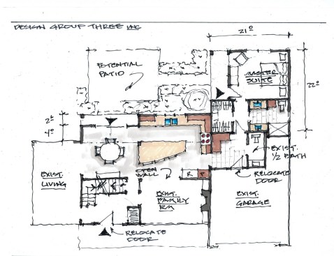 Design Group Three offers freehand concept sketches like this one for no charge, along with a cost proposal. Clients sign a contract for all further design and construction.