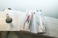 For hand-taping, there are three options for carrying mud — a hawk (left), a large trowel (center) or a pan (right).