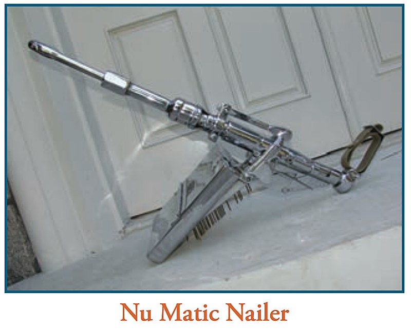 The first commercially successful portable nailing machine used for job-site construction invented by Bill Burnison, c. 1952.