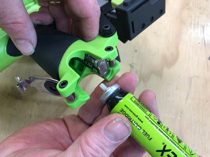 The unit is powered by a fuel cell and two AAA batteries. Plenty of power and runtime.