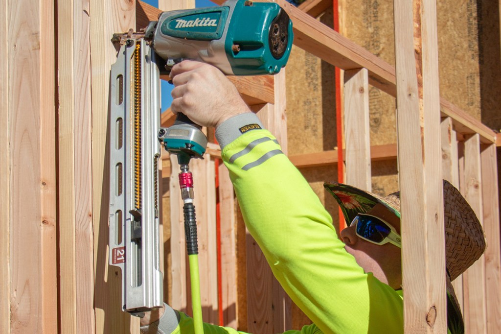 The nailer has awesome power in Doug fir and LSL, and excellent and consistent drive from engineered lumber to shear panel.
