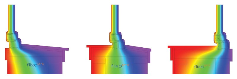 These images, generated by the software application Flixo, are a graphic representation of heat flow through the complexinterface between a window and its framed opening. Warm is indicated by red, cold by purple, and the other colors representtemperatures in between. The flow through and around the centered window most effectively retains heat in the building.