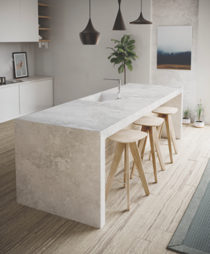 The color "silver lake" of the Silestone Loft Series features a white background superimposed with soft gradations of gray, to give any space a stylish identity.