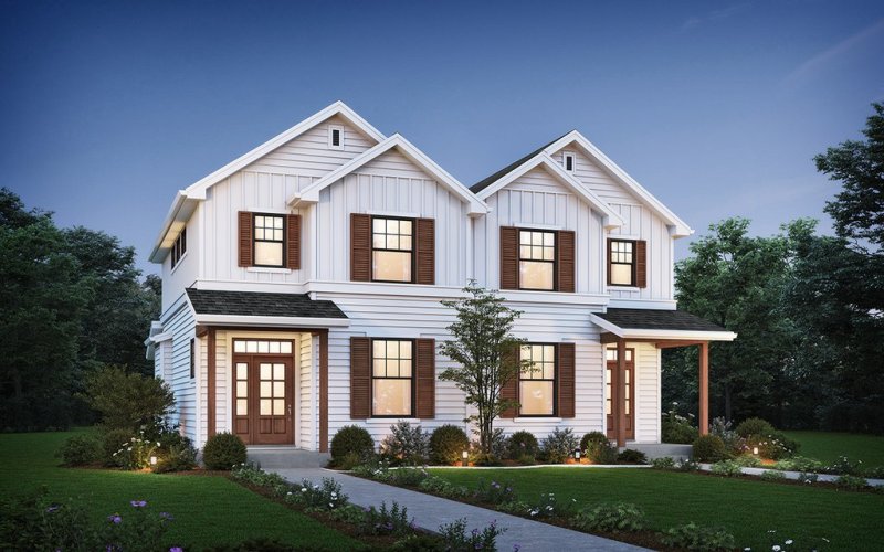 Modern Farmhouse Duplex Plan Front Exterior. See Details at Houseplans.com.