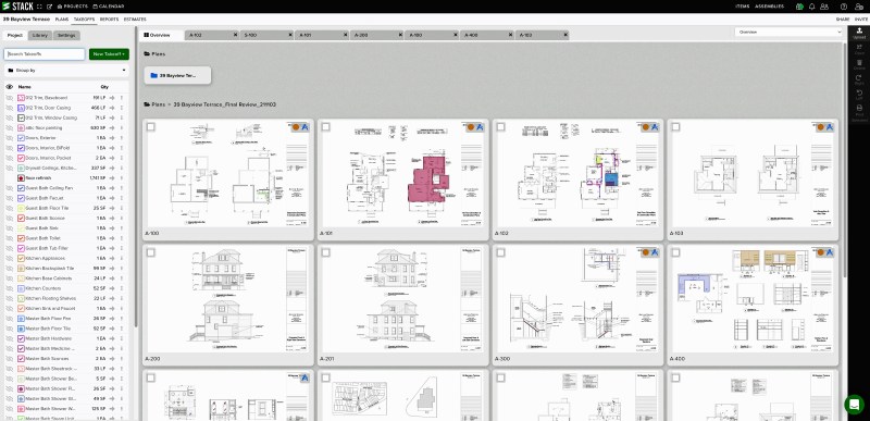 Stack is a cloud-based estimating platform that allows you to upload a set of plans - the first step in estimating a project. The program reads the title block, which helps a user organize documents for different projects. Click here to enlarge image.