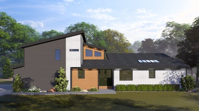 Modern house plan with an open layout, front exterior. See details at Houseplans.