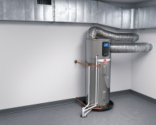 A heat pump water heater can be installed with a duct kit. Most water heater manufacturers allow just the inlet duct (if the water heater is in a small space and additional airflow is needed), or just outlet duct (to direct the cold air exhausted by the unit to the outside), or both. (Photo courtesy Rheem Manufacturing)