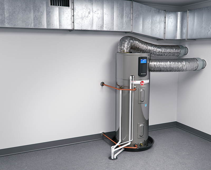 A heat pump water heater can be installed with a duct kit. Most water heater manufacturers allow just the inlet duct (if the water heater is in a small space and additional airflow is needed), or just outlet duct (to direct the cold air exhausted by the unit to the outside), or both. (Photo courtesy Rheem Manufacturing)
