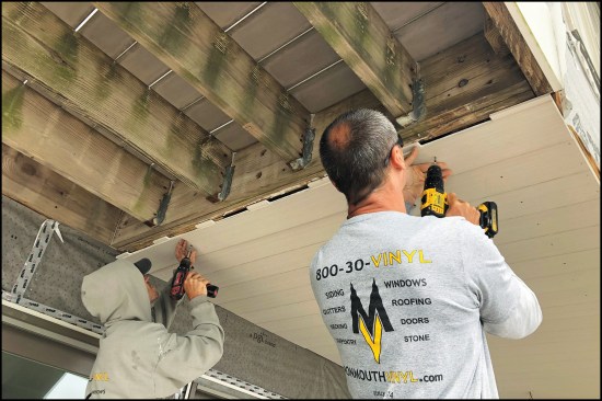 These boards can be used for ceilings, too. Here, we cut the flange intermittently on the panels to allow for airflow and for any water from the small deck above to escape.