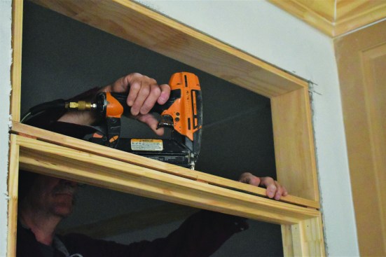 Install the transom jamb about 1/4 inch above the door jamb.