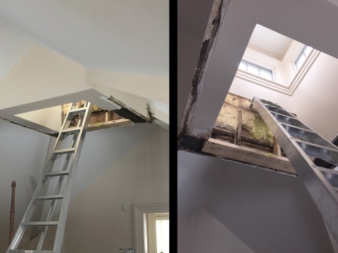 Periodic leaking around the cupola’s interior light well had occurred since the home’s initial construction. In a DYI effort to remedy the situation, the homeowners removed stained drywall, but encountered water-damaged framing. That’s when they called us.