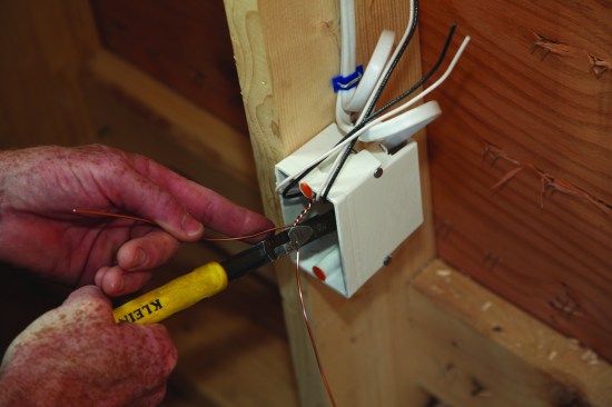 The code requires that all ground conductors be connected  so that the continuity of the ground is not interrupted if the  device is removed. This requires a pigtail, but making a pigtail  for ground conductors requires a specific approach: First,  twist the bare ground conductors together for several turns,  and then cut off all but one for each device in the electrical box.