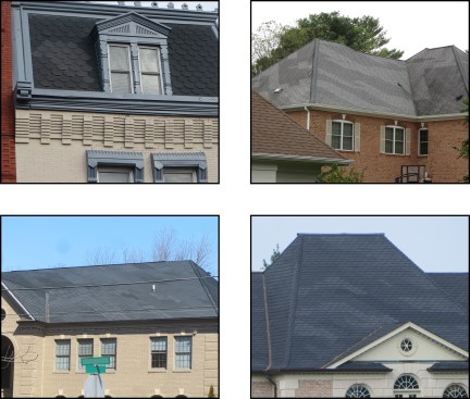 In the author’s region, inadequately mixed or blended shingles are common regardless of synthetic slate brand, color selection, or roof pitch (examples shown above). Some manufacturers have recently started premixing bundles of slate to help with this problem.