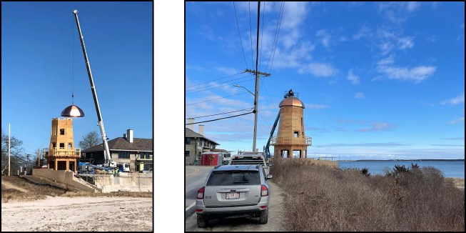 After lifting the rebuilt roof into place (left),  J Bennette Roofing crew members put the finishing touches on the “Salt Shaker’s” roof overlooking the Hyannisport harbor (right).