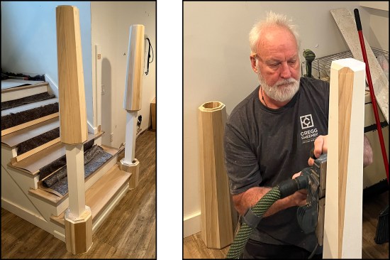 Prior to power planing, the new octagonal newels are placed on existing posts (left). To fit the post inside the tapered sleeves, the author power-planes the old post corners until the sleeves drop into place without resistance (right).