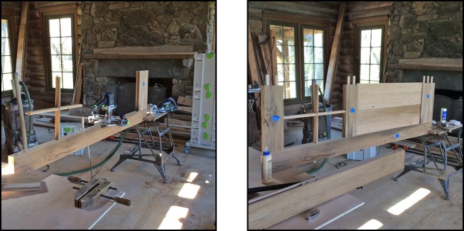 When building custom doors on site, the author typically builds standard 1 3/4-inch doors on site with a Festool Domino XL joiner and OF 1400 router set up with a double fence (as shown here on another project) (left). The rails, stiles, and muntins are domino tenoned while the door panel is slid into place (right).