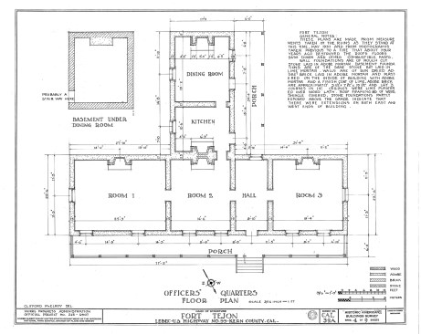 Officers’ Quarters, reimagined floor plan. Click to enlarge.Notes from the plans:"Fort Tejon general notes: These plans are made from measurements taken of the ruins as they stand at this time, May 1937, and from photographs taken years previous to a fire that about four years ago destroyed the roofs, floors, sash doors, and other combustible parts.Wall foundations are of rough cut stone laid in adobe mortar. Basement foundations are of the same stone but laid in lime mortar. Walls are of sun-dried adobe brick laid in adobe mortar and plaster on the inside of building with adobe mortar and a finish coat of lime. Adobe brick are approximately 3-1/2” x 7-1/2” x 15-1/2” and lay 3 courses in 14”. Ceilings were lime plastered of wood lath. Roof framing was of wood, shingle covered. Stone foundations partly exposed above the grade indicate that they were extensions on both east and west ends of building."
