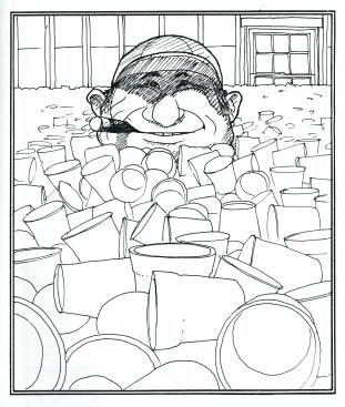 A smiling contractor is awash in a sea of coffee cups.