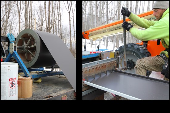 The metal roofing arrives on a 2,000-pound roll (left) and is fed through a pan-forming machine. The panels are cut off with a guillotine blade (right). Panel widths and seam heights can be adjusted by switching die profiles inside the pan former itself.
