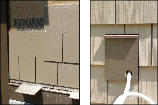 A small sliver of a first course maintains the installation level line around the home (left). Shingles are gapped 1/8 inch at a Boral build-out block; gaps are later sealed by another contractor with a color-matched sealant (right).