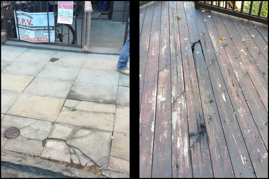 Remodeling in the inner-city with tight lots and shared party walls, the author is careful to document the existing conditions. He takes photos of the abutting neighbor’s property (both inside and out) and the city-owned sidewalk area out front as well to establish a baseline of preconstruction conditions. Here (photo, left), damage to existing sidewalk was documented. The two-story addition was built against the abutting neighbor’s two-story addition on the left and one-story addition on the right—the client’s existing 8x10 bump-out addition was removed prior to construction (photo, right).