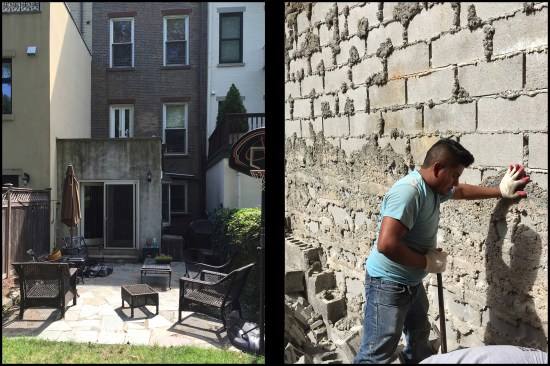 The client’s existing 8x10 dining room addition (seen here with the sliding door) was removed prior to construction (photo, left). The project’s new block addition was built right up against the abutting neighbor’s two-story addition, on the left, and one-story addition with deck, on the right. Here, a worker demolishes existing addition’s block wall (photo, right).