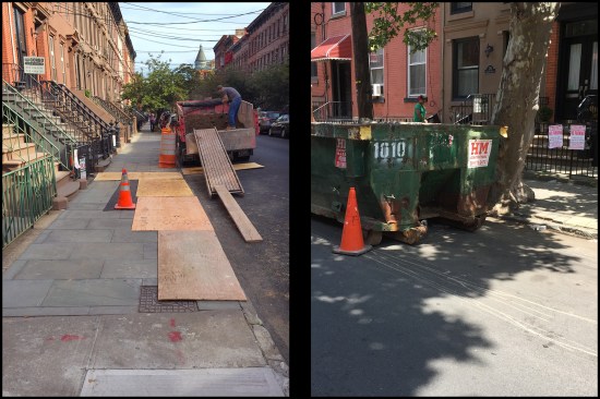 Staging areas for loading and off-loading materials are created using city-issued “temporary no parking” signs. Here (photo, left), excavated soils are removed from the site using a temporary two-parking-space “work zone” in front of the client’s home. Dumpsters are coordinated as needed (photo, right); they are filled and removed quickly. Last year alone, the author spent more than $10,000 on no-parking signs, traffic control, and parking tickets remodeling homes in Hoboken, N.J. 