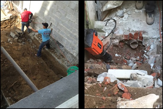 While demoing the existing addition, they discovered that the neighbor’s two-story addition was built on top of old, undersized footings (photo, left). Also, a shared stormwater waste line (shared with a neighbor, running under their row house) was found (photo, right). Around the time the neighbor’s two-story addition was built some 40 years ago, Hoboken was a depressed area and often the work was not done under any municipal supervision. Both the marginal footing and stormwater waste line were reported to the project architect and photographed (the project architect later deemed the pipe could handle both the neighbor’s storm run-off and additional run-off from the new, slightly larger addition roof surface).