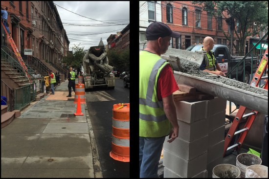 For large material deliveries (such as concrete) or when a rigging crew is craning an HVAC condenser up to the roof, through-traffic has to be temporarily closed off (photo, left). Traffic police cost $320 for a half day. Note the layers of 3/4-inch plywood laid down to protect the existing sidewalk. Here (photo, right), concrete was offloaded from a mixer truck parked street-side onto a chute running into a removed garden-level (basement) front window.