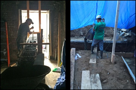 The concrete is offloaded from the chute into wheelbarrows (photo, left), then wheeled through the 40-foot-long home. Here (photo, right), the concrete was poured into the addition’s footing forms. Remodeling in the city, the author doesn’t have convenient access to the site or the benefit of using excavation equipment—workers are used to transporting new and demoed materials with buckets and wheelbarrows.