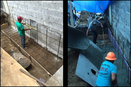 After excavating down to the neighbor’s footings on either side of the planned addition, new 12-inch-by-30-inch footings were formed against the existing. For the footing-to-block-frost-wall connection, vertical #5 L-shaped rebar 2 feet on-center were tied to the footing’s continuous #4 rebar (photo, left). 1/2-inch XPS foam was placed against the existing walls to act as a bond break; the concrete was directed into the forms with the aid of a sheet of plywood (photo, right).