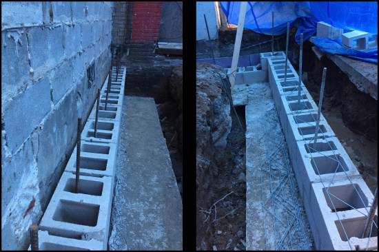 New 12-inch-block frost walls are spaced an inch off the neighbor’s walls and placed on the outside edge of the new footings (photo, left). Galvanized metal truss reinforcement was installed on top of the second course to provide lateral strength, shown here on the home’s “gable-end” frost wall (photo, right).