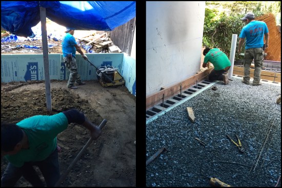 After three courses of 12-inch-block were laid up for the frost walls, 2-inch XPS rigid foam was placed on the block’s interior face; then the under-slab native soils were leveled and compacted (photo, left). Crushed stone was infilled to the top of the frost wall, and then 2-by stock was installed to form the slab’s edge (photo, right).