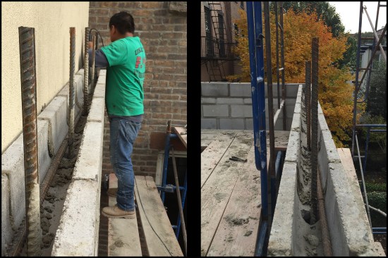 Bond beams were reinforced with continuous horizontal #5 rebar, and then grouted solid with mortar (photos left, right).