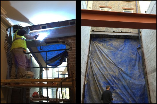 A fairly complex steel-lintel assembly designed by the architect was pieced together to carry the existing three-wythe-thick exterior brick wall (photo, left). The assembly featured structural steel channels spanning the opening, with tube steel needle beams (fed in perpendicular to the wall) welded to the top of the channels and ½-inch plate steel welded to the bottom. This was a more elaborate process than the author was used to, but it was effective (photo, right).