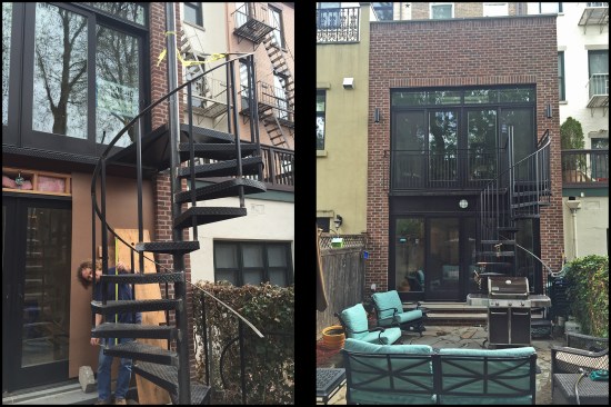The exterior was finished off with brick veneer on the rear façade (photo, right), and stucco on the right-hand side façade (the neighbors allowed access to apply the stucco from their second-story deck). A spiral egress stair was installed to provide access from the parlor-level (second floor) kitchen to the backyard (photo, left).