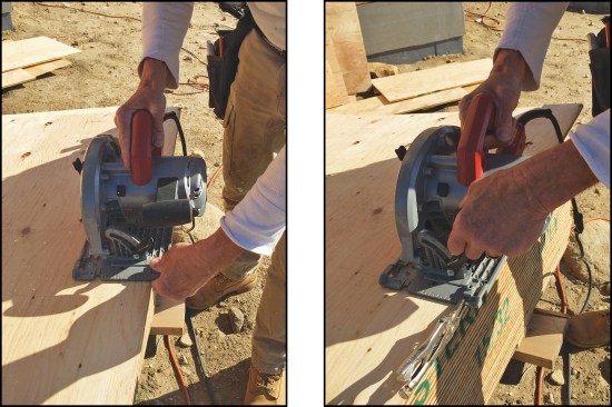 When making narrow rips, clamp your fingers on the front of the base after starting the cut to help guide the saw (above left).  Alternatively, you can do it visually using the scale or notches on the front of the table. For repetitive narrow rips, clamp locking pliers to the table to help guide the saw (above right).