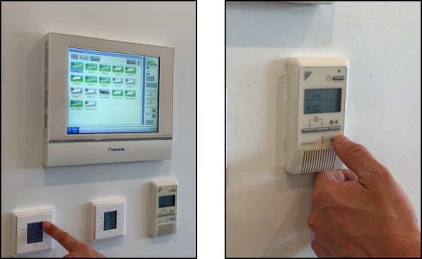 An “intelligent Touch Manager” touch pad (left) controls the overall VRF multi-split system. Two ERV controls below the touch pad control the Zehnder ComfoAir Q600 ERV units. Standard remote controllers or thermostats (right) in each office allow for localized control.