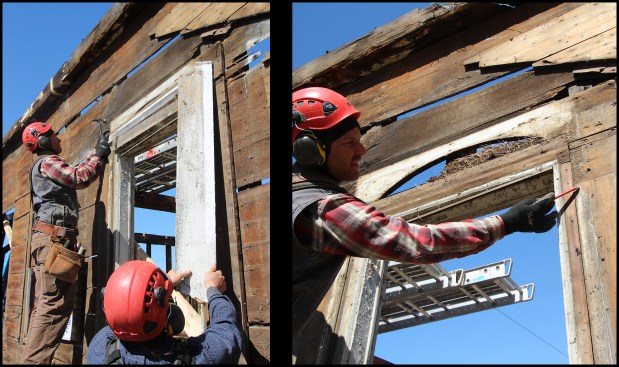 The front entry door’s original fan light was discovered buried under later-applied casing (photos, left and right). Also, on the left-hand side, ghost lines of original bed molding trim were visible.
