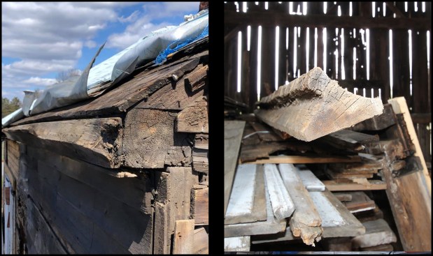 The home’s hand-hewn-and-planed internal gutter/crown molding attached to the top plate timber framing (photo, left) was salvaged (photo, right — shown stored on its side).

