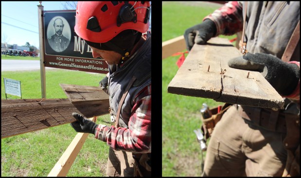 Some of the home’s original full-board clapboards — used as infill sheathing material — were discovered (photo, left). Rather than having a tapered cut, the clapboards were “fitted” with a bevel taken out of the top third of the clapboard (photo, right).
