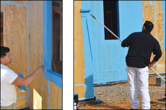The painters apply Blue Barrier Flash ‘N Wrap 2400 to a window rough opening (above left), then roll Liquid Wrap 2300 onto the field of the wall (above right).